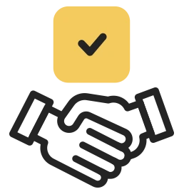 A icon of a hand shake with a check at the top to represent contract signed