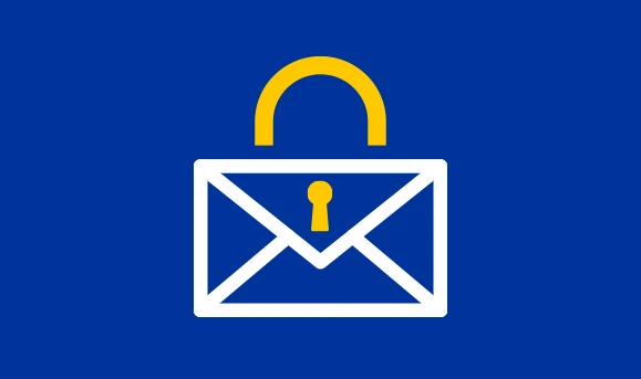A mail (fiscal one)with a arch above it and a key at the center representing secure mail handling with the blue, white and yellow of the European Union flag
