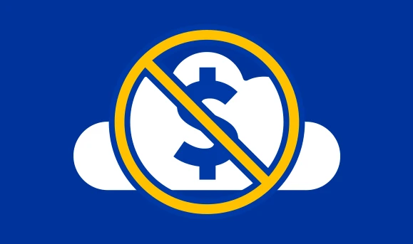A cloud with the money icon in it and a "Block" signal on top of it representing no data reselling with the blue, white and yellow of the European Union flag